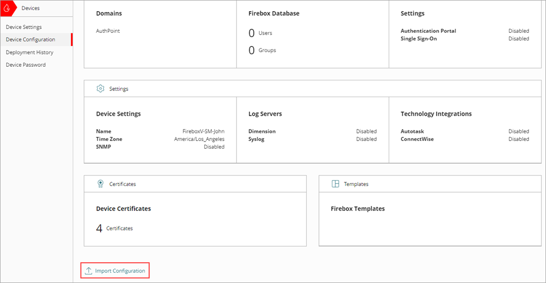 Screenshot of the Device Configuration page