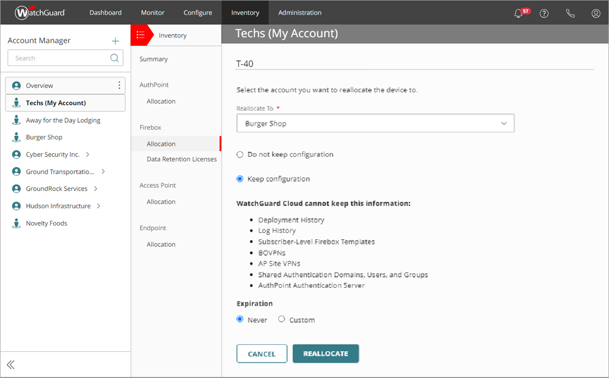 Screen shot of the device Keep Configuration page