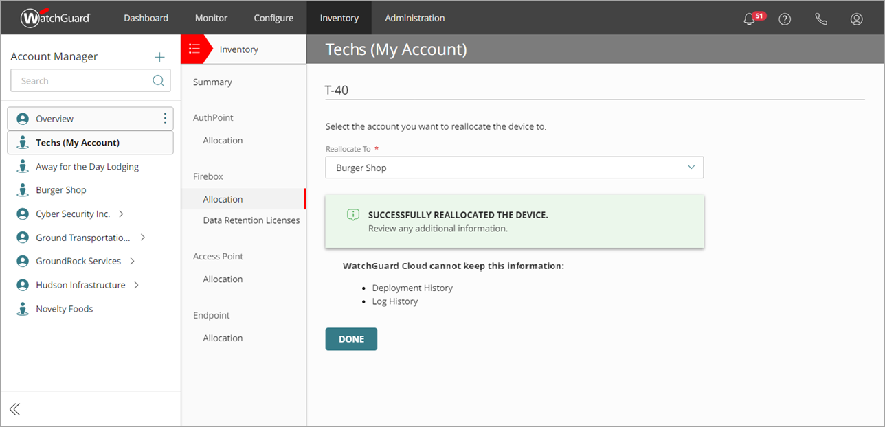 Screen shot of the device reallocated successfully page