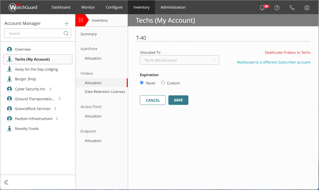 Screen shot of WatchGuard Cloud Firebox Allocation summary page