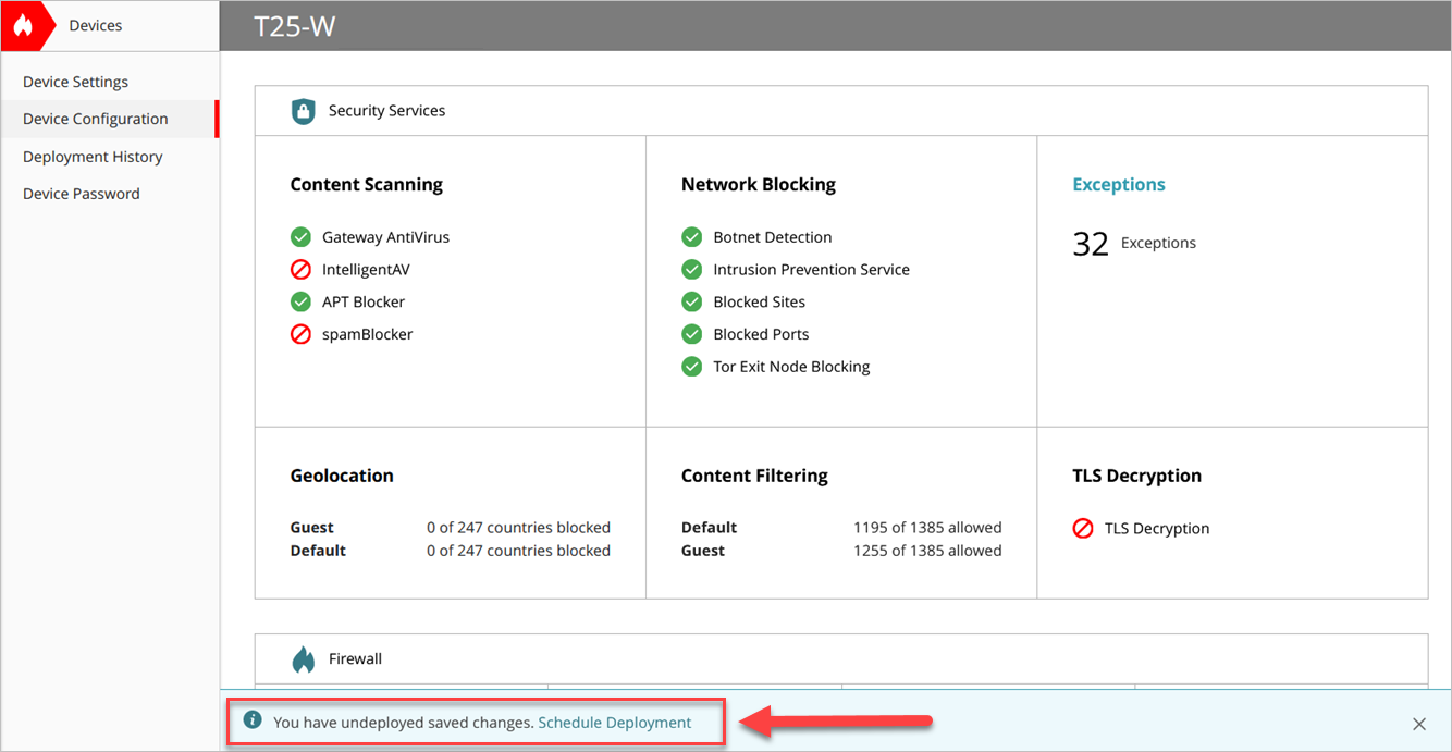 Screenshot of the Schedule Deployment link in WatchGuard Cloud