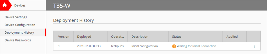 Screen shot of the Deployment History for a Firebox initial deployment