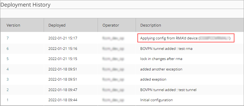 Deployment History and RMA listing.