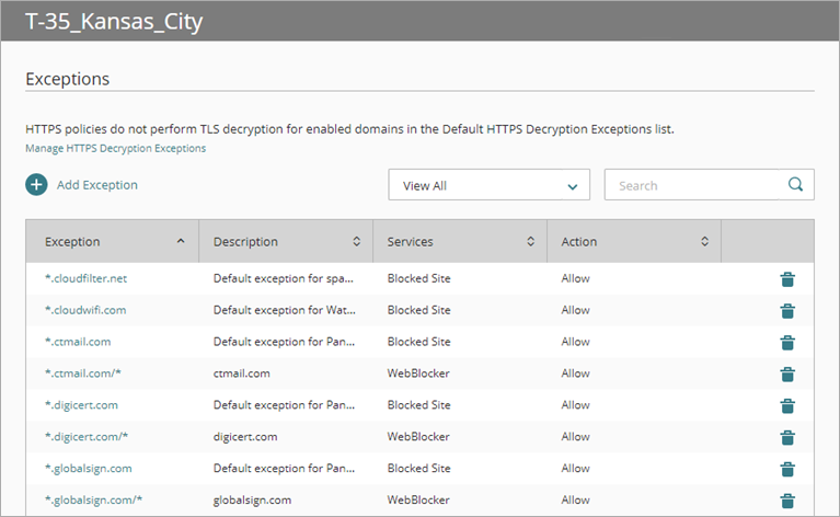 Screenshot of the WatchGuard Cloud  Exceptions page