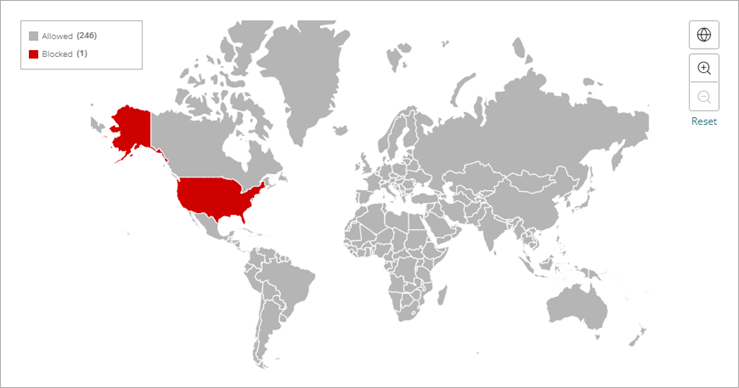 Screenshot of the Geolocation map with countries blocked and allowed