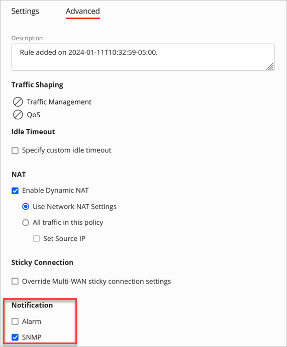 Screenshot of the SNMP notifications option in the advanced tab of a policy