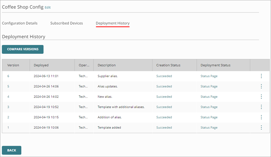 Screenshot of the Deployment History page