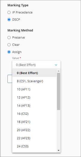 Screenshot of the DSCP marking type section.