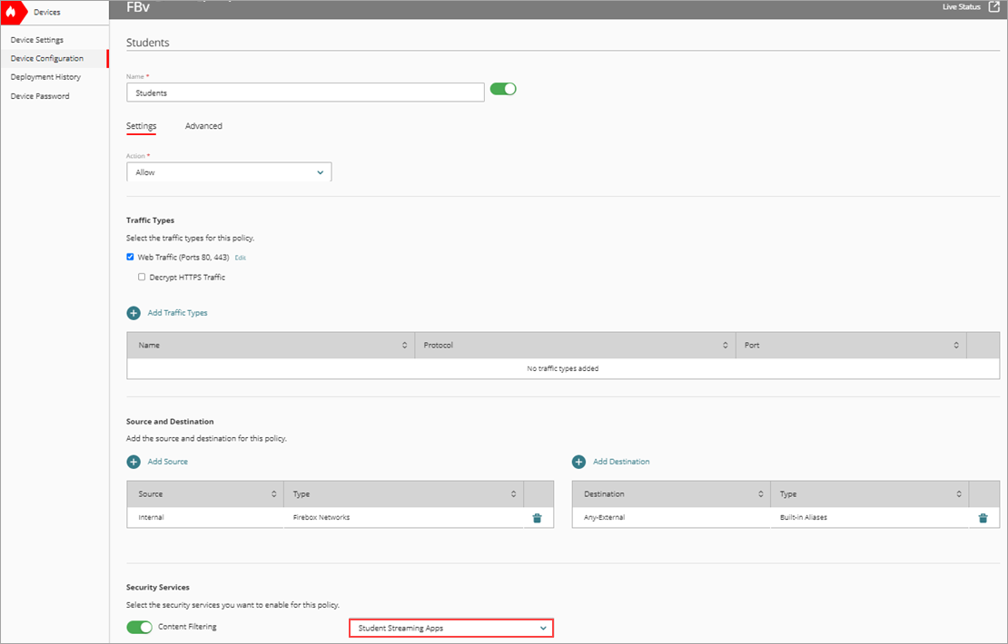 Screenshot of the content filtering action selection