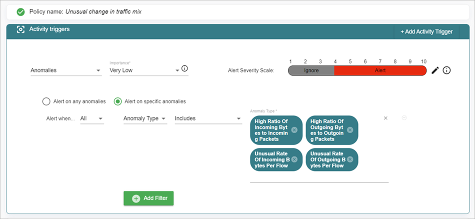 Screenshot of the Activity Triggers section for a Unusual Change in Traffic Mix policy