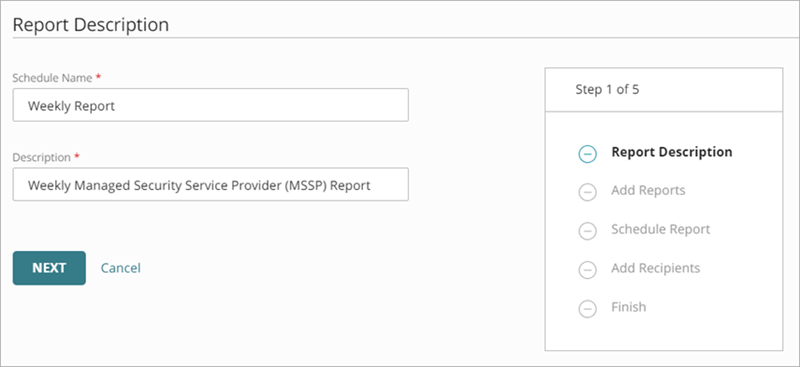 Add a Scheduled Report Wizard, Step 1 for Service Provider MSSP Report  - Report Description