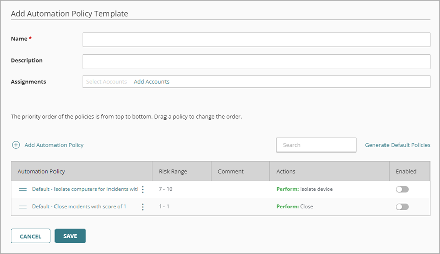 Screen shot of the Add Automation Policy Template page for Service Providers