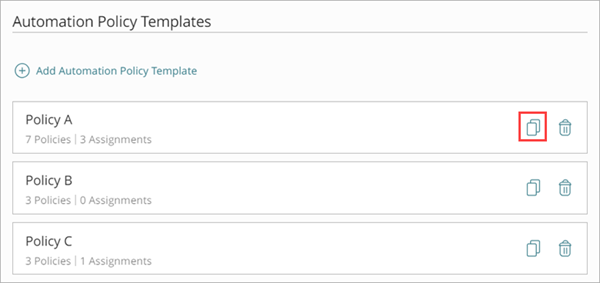 Screenshot of the Automation Policy Templates section showing the Copy Icon next to an automation policy