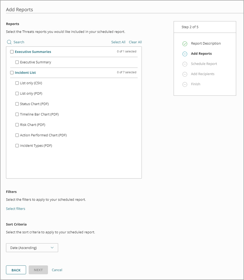 Screenshot of the Add Reports page in the Add a Scheduled Report Wizard, step 2