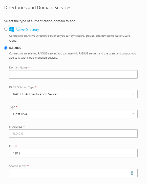 Screen shot of the Add servers settings, with RADIUS selected