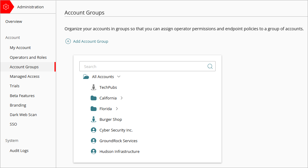 Screen shot of Account Groups page in WatchGuard Cloud