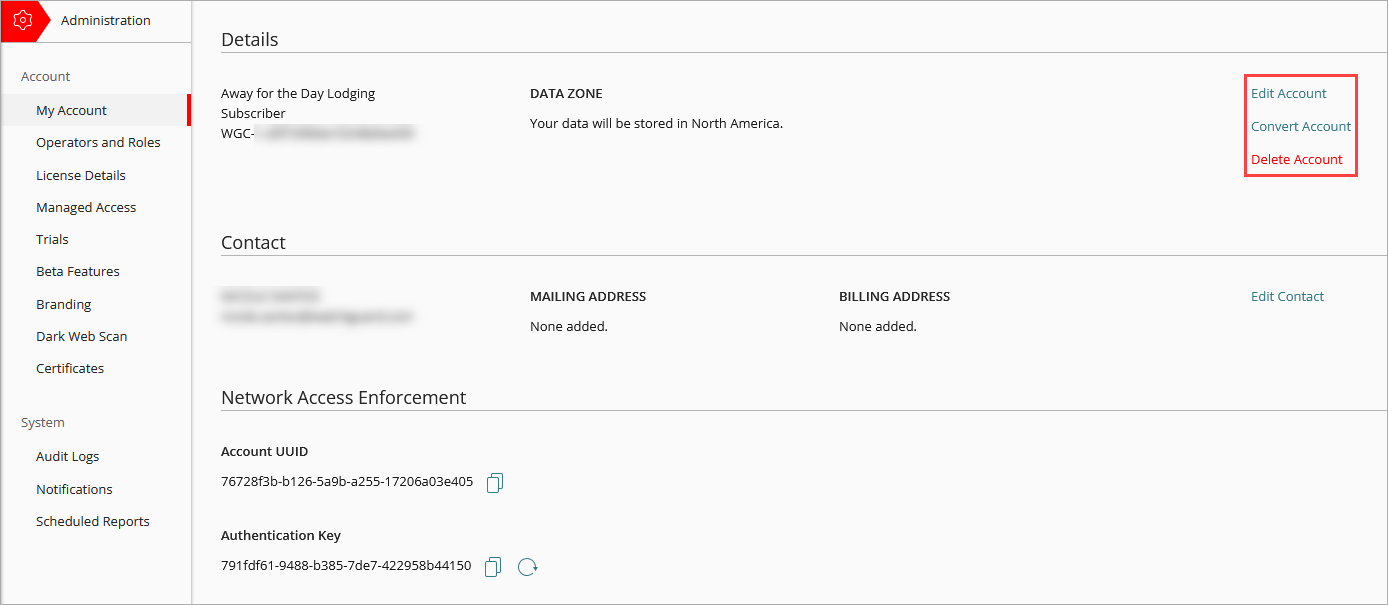 Screen shot of Account Details in WatchGuard Cloud.