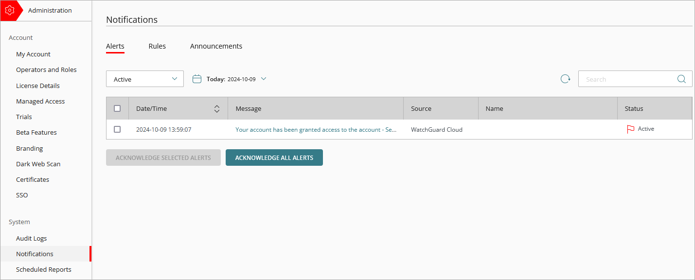 Screen shot of WatchGuard Cloud Notifications - Alerts page