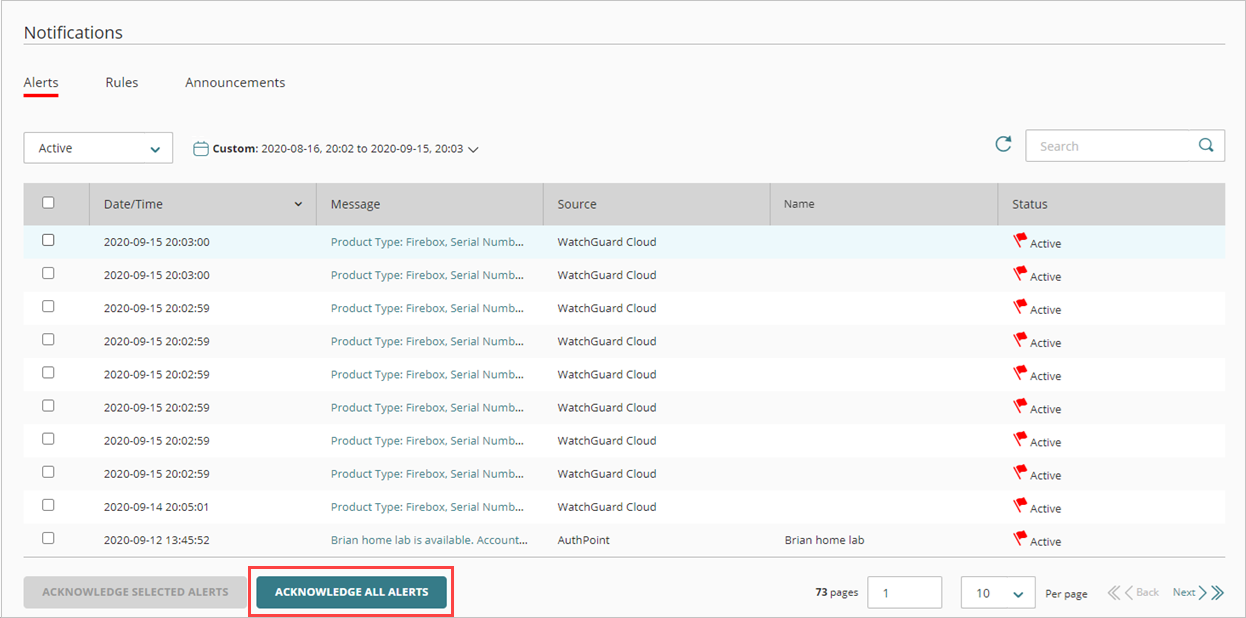 Screen shot of WatchGuard Cloud Alerts page, Acknowledge All Alerts