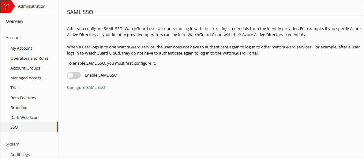 Screenshot of the SAML SSO page