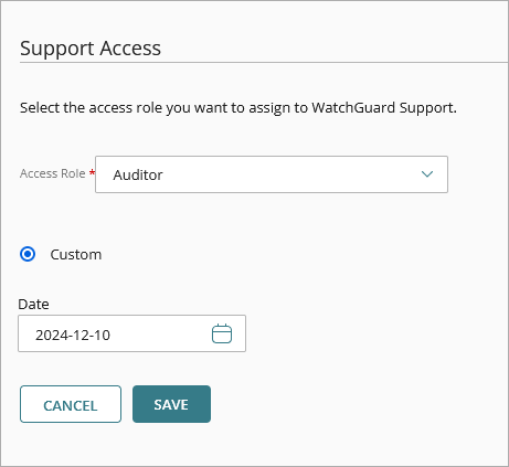 Screen shot of WatchGuard Cloud, Enable Support Access expiration date