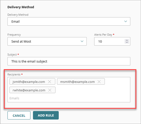 Screen shot of WatchGuard Cloud, Add Rule page, Recipients section