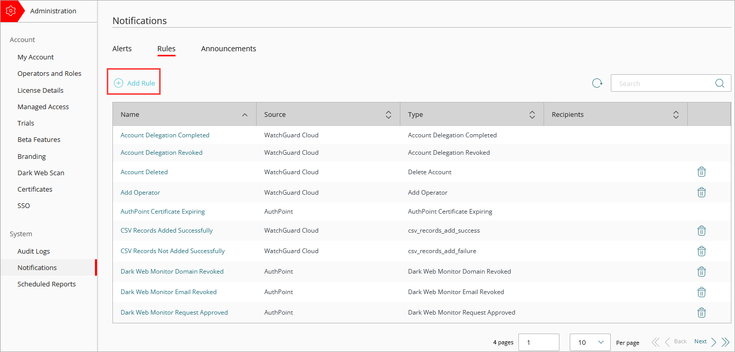 Screen shot of WatchGuard Cloud Notifications page, Add Rule