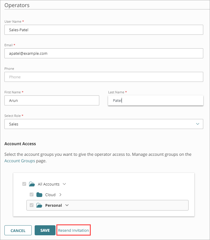 Screenshot of operator settings resend invitation link