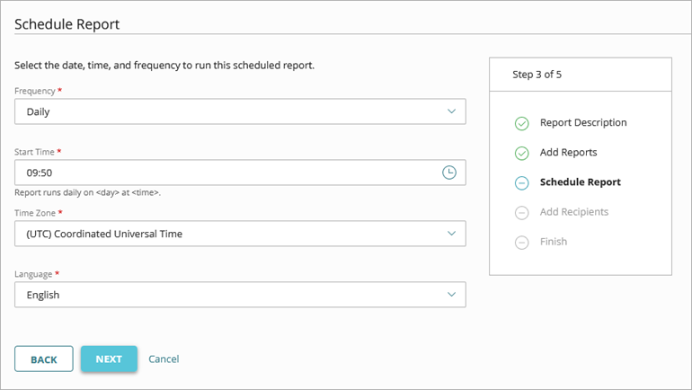 Screenshot of the Schedule Report page, Step 3, in the Add a Scheduled Report Wizard