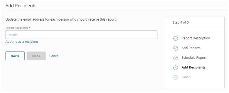 Screenshot of the Add Recipients page, Step 4, in the Add a Scheduled Report Wizard