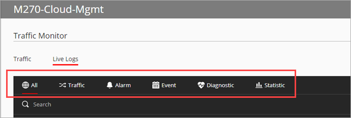 Screen shot of WatchGuard Cloud, Live Status, Traffic Monitor Live Logs filters