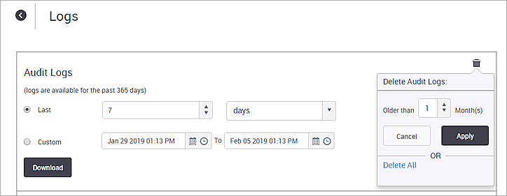 Screen shot of the Audit Logs page with the delete logs option