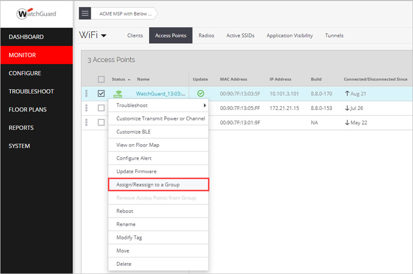 Screen shot of the Monitor > WiFi > Access Points page and the Assign an AP to an AP Group action