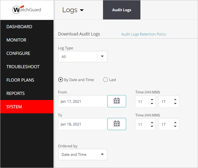 Screen shot of the Download Audit Logs page in Discover