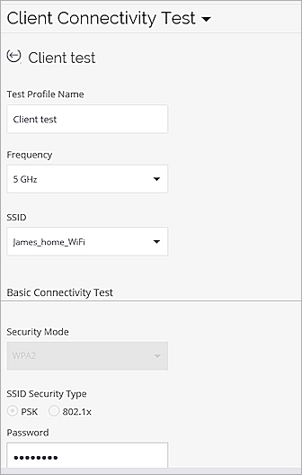 Screen shot of the Client Connectivity Test create profile dialog box