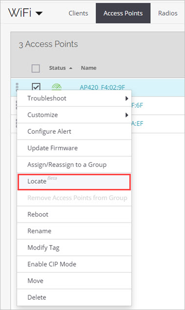 Screen shot of the locate action on the Access Points monitor page