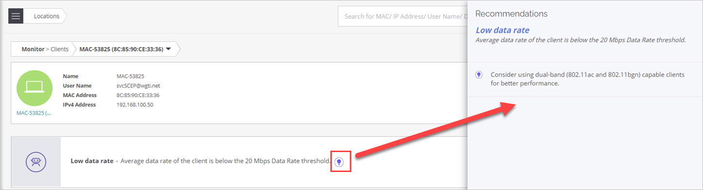 Screen shot of the client root cause analysis