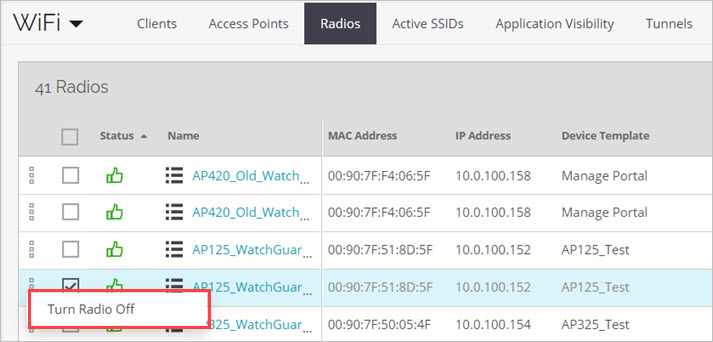 Screen shot of the Monitor > WiFi > Clients page with the Turn Radio Off action highlighted