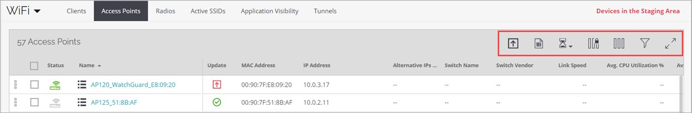 Screen shot of the Monitor > Clients page with the table operation icons indicated