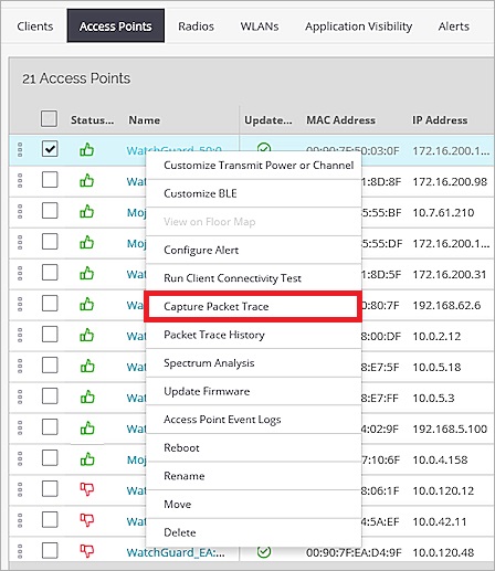 Screen shot of the Monitor > Access Points page with Capture Packet Trace selected