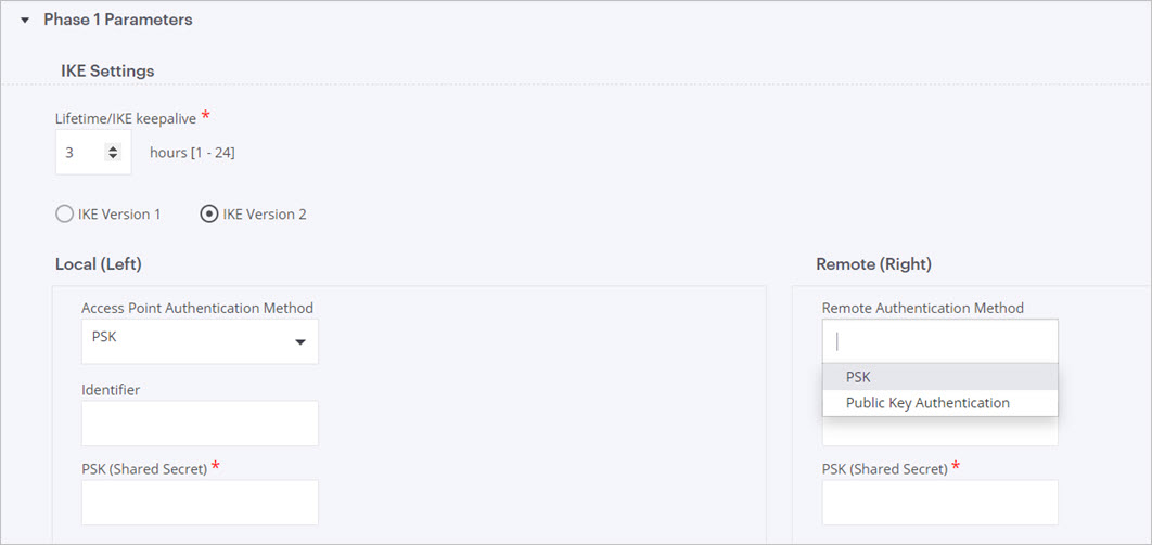 Screen shot of the Phase 1 parameters in the IPSec VPN tunnel configuration in Discover