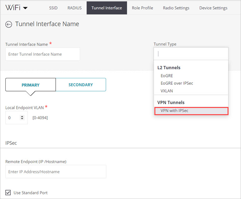 Screen shot of the IPsec VPN tunnel interface configuraton page in Discover