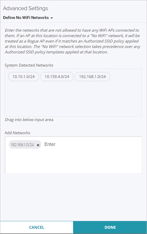 Screen shot of the No WiFi Networks advanced settings on the Authorized WiFi Policy page