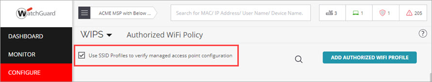 Screen shot of the Authorized WiFi Policy page and the Use SSID Proflie option in Discover