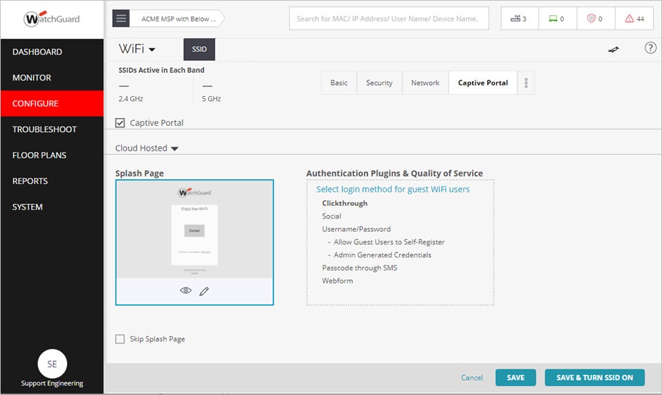 Screen shot of the Captive Portal settings for an SSID in Discover