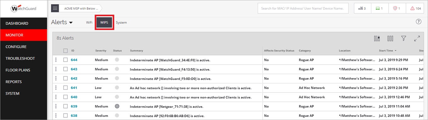 Screen shot of the Monitor > Alerts > WIPS page in Discover