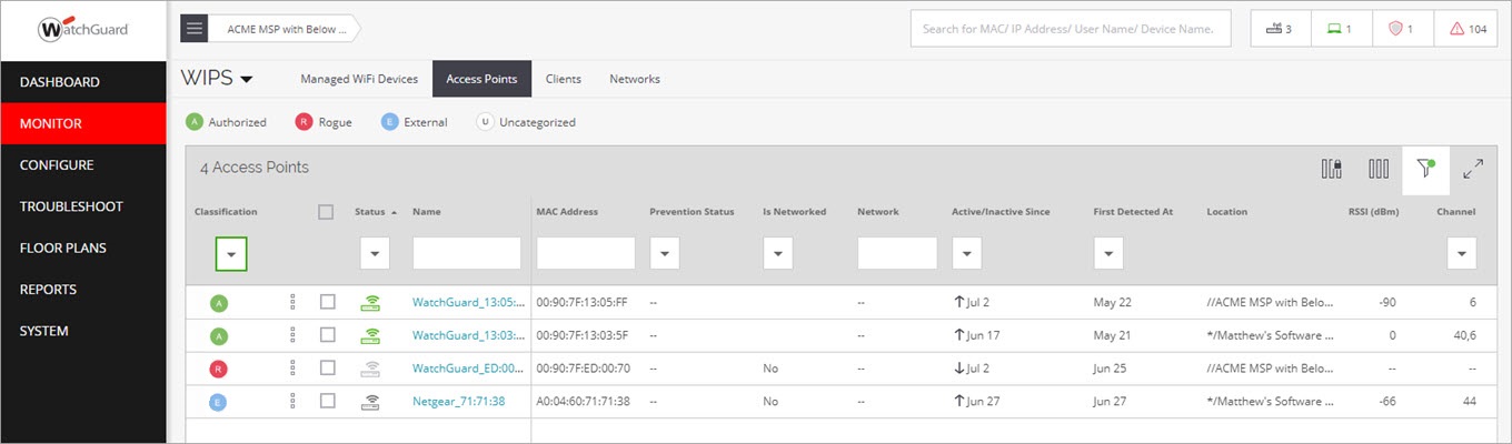 Screen shot of the Monitor > WIPS > Access Points page in Discover