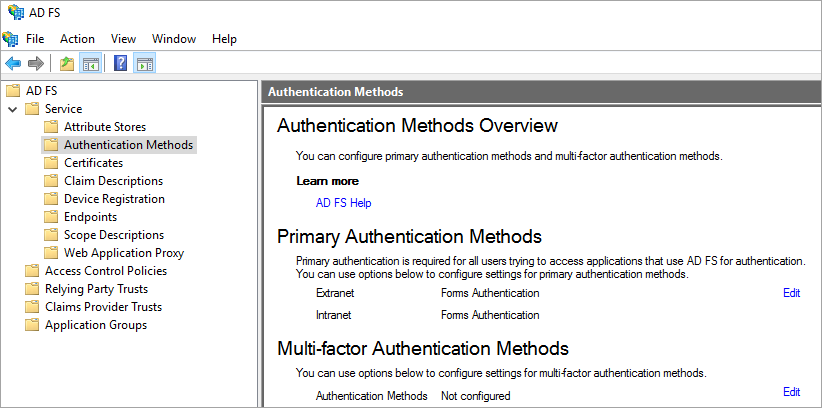 Screen shot that shows the Multi-factor Authentication section of the Authentication Policies page.