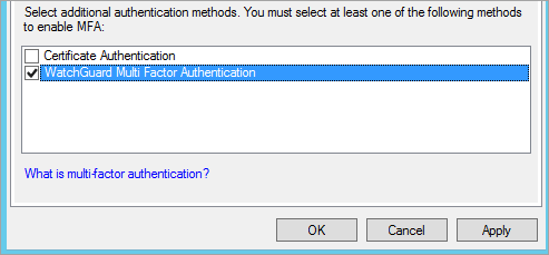 Screenshot of the WatchGuard Multi-Factor Authentication option seleted in the Edit Global Authentication Policy window.