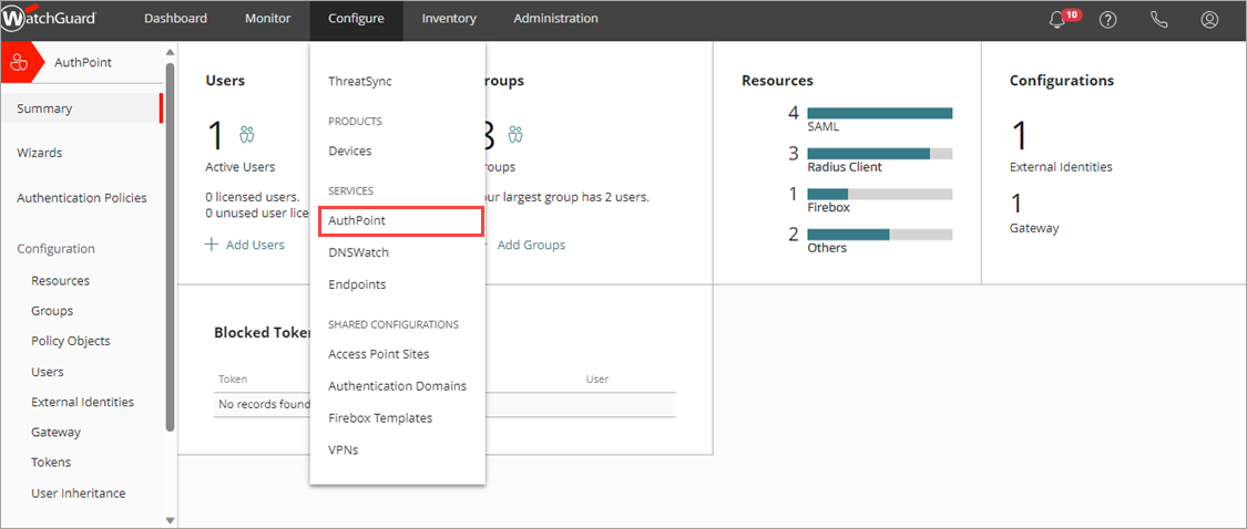 Screenshot that shows the WatchGuard Cloud Configure menu.